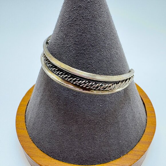 VTG Sterling Silver 925 Rope Textured Open Cuff Bangle Bracelet Size 7.5" Fit - Picture 5 of 10